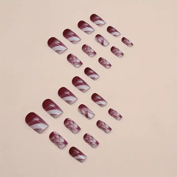 False Nails 24 Piece Burgundy wine white medium length square tip press on nails - Picture 3 of 8